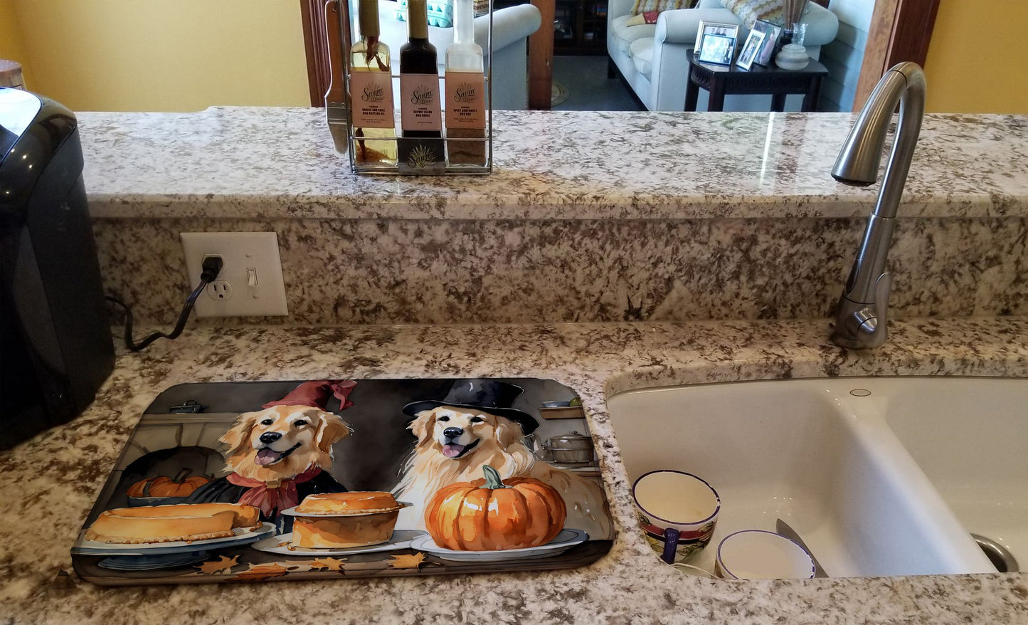 Golden Retriever Fall Kitchen Pumpkins Dish Drying Mat Absorbent Dish Drying Mat Pad for Kitchen Counter Dish Drainer Mat for Countertop, 14 x 21", Multicolor