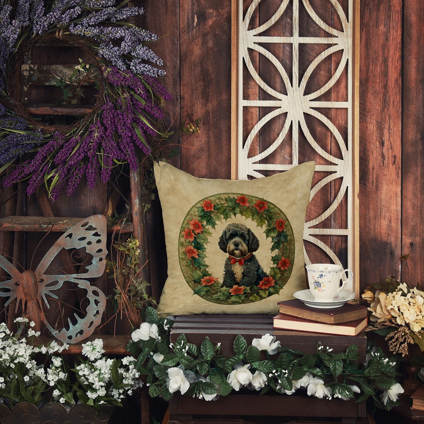 Portuguese Water Dog Christmas Flowers Throw Pillow Machine Washable, Indoor Outdoor Decorative Pillow for Couch, Bed or Patio, 14Hx14W