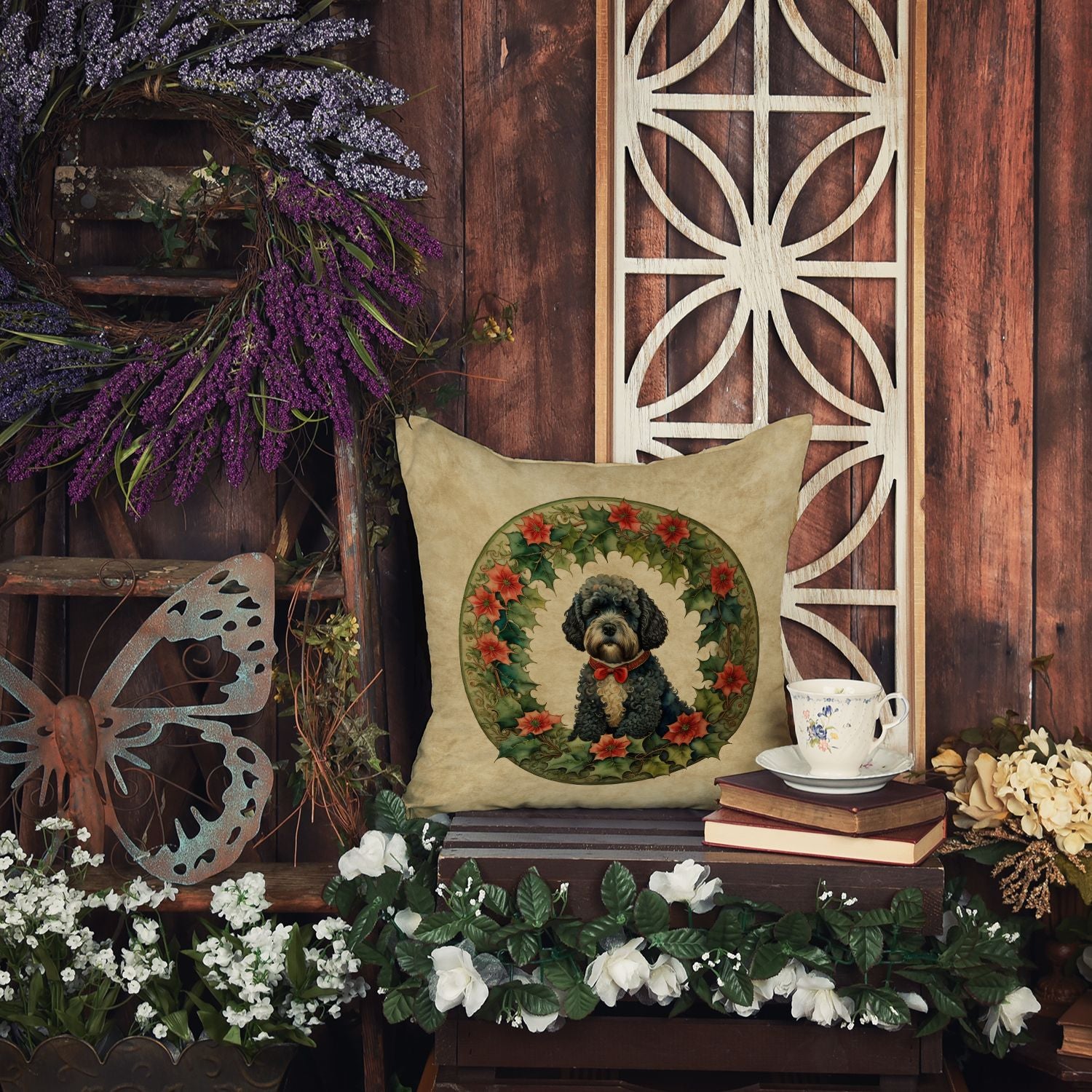 Portuguese Water Dog Christmas Flowers Throw Pillow Machine Washable, Indoor Outdoor Decorative Pillow for Couch, Bed or Patio, 14Hx14W