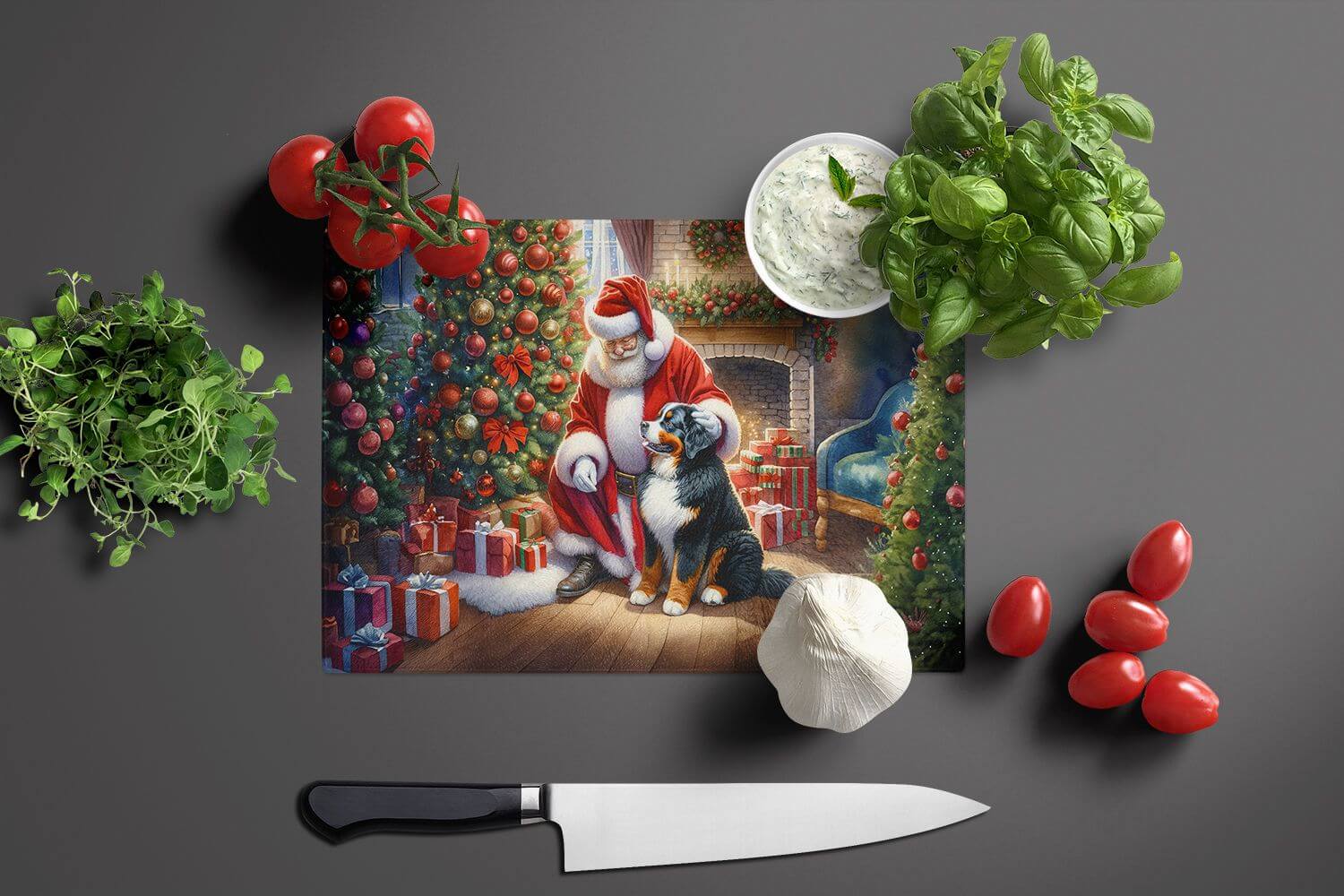 NEW Bernese Mountain Dog and Santa Claus Glass Cutting Board Decorative Tempered Glass Kitchen Cutting and Serving Board Large Size Chopping Board