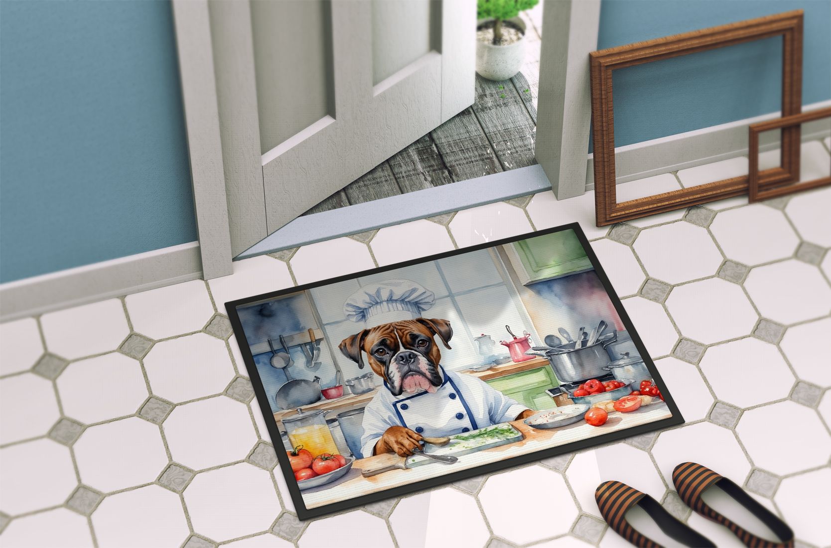 Boxer The Chef Doormat Front Door Mat Indoor Outdoor Rugs for Entryway, Non Slip Washable Low Pile, 24H X 36W