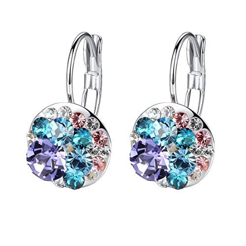 Multicolored Austrian Crystal Leverback Earrings for Women 14K Gold Plated Dangle Hoop Earrings Hypoallergenic Jewelry