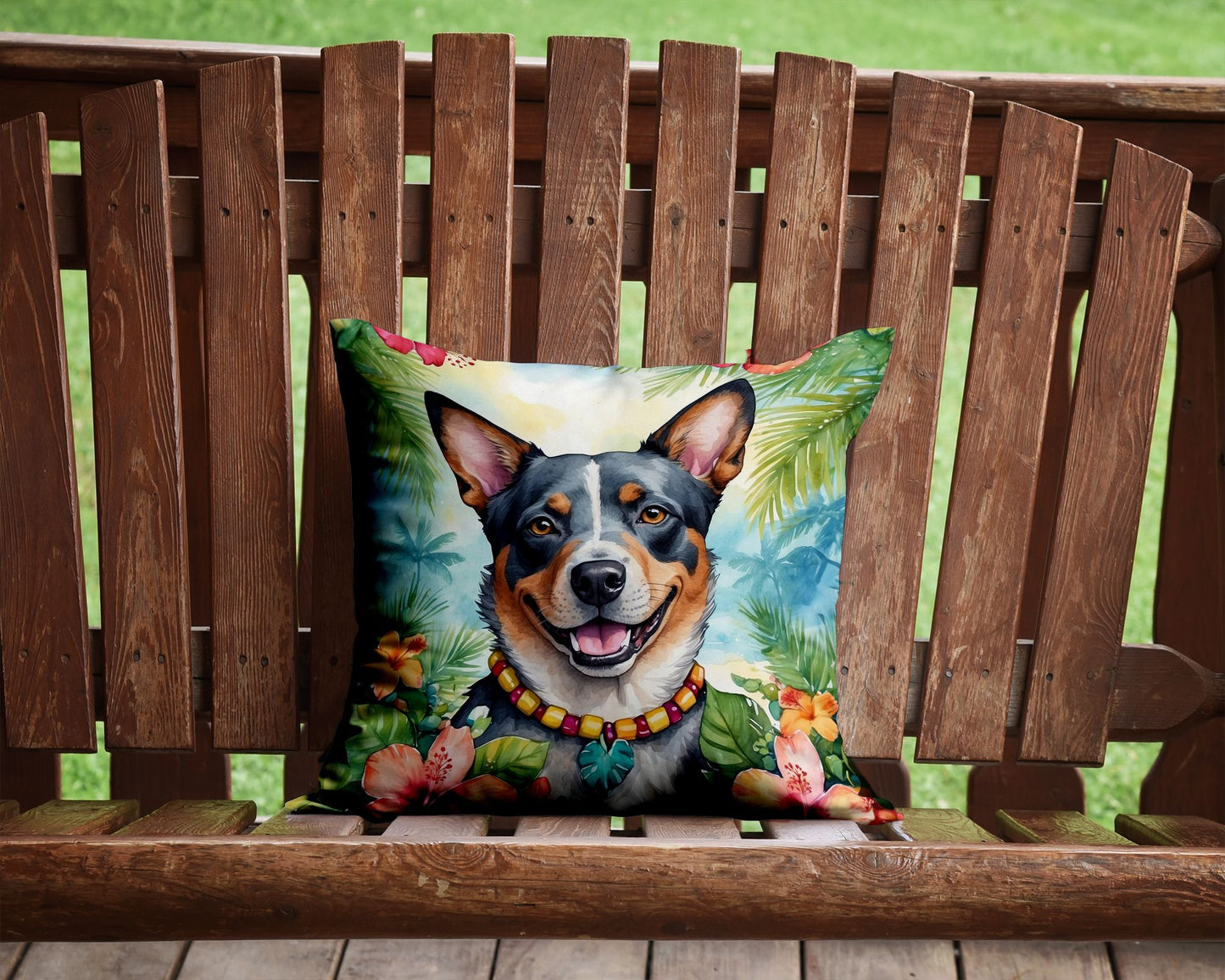 Australian Cattle Dog Luau Throw Pillow Machine Washable, Indoor Outdoor Decorative Pillow for Couch, Bed or Patio, 14Hx14W