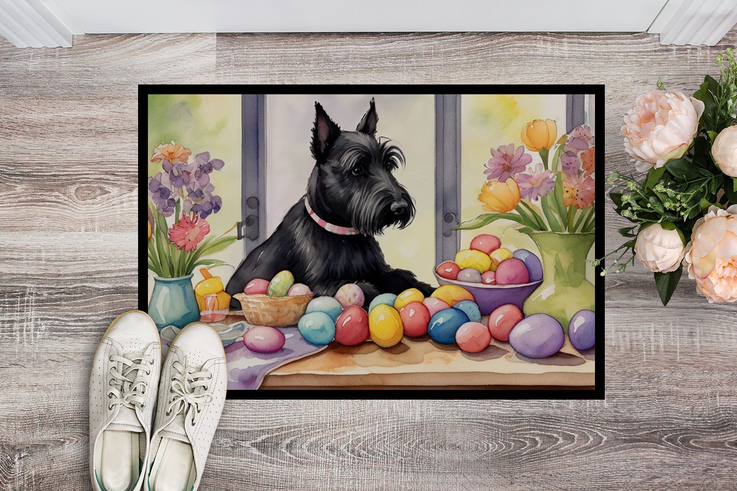 Decorating Easter Scottish Terrier Doormat Front Door Mat Indoor Outdoor Rugs for Entryway, Non Slip Washable Low Pile, 24H X 36W