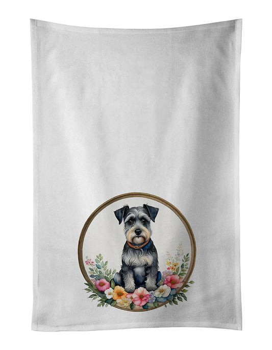 Schnauzer and Flowers Kitchen Towel Set of 2 White Dish Towels Decorative Bathroom Hand towel for Hand, Face, Hair, Yoga, Tea, Dishcloth, 19 X 28", White