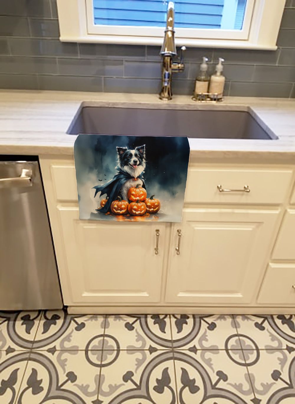 Border Collie Puppy Halloween Kitchen Towel Dish Cloths Guest Hand Towel Decorative Bathroom Towel for Face,Tea, Dishcloth, Kitchen and Bath