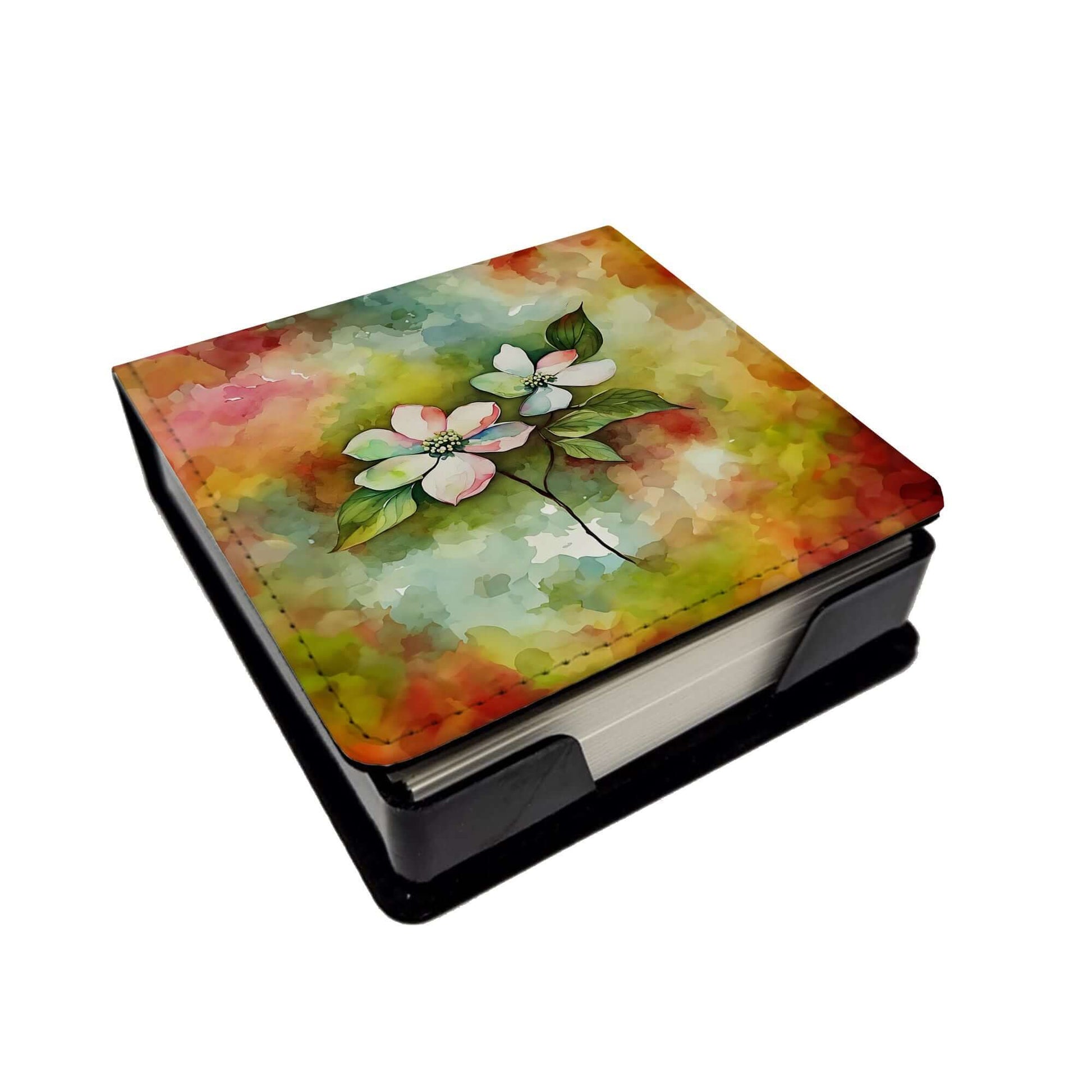 Virginia American Dogwood in Watercolor PU Leather Note Paper Holder with Artist-Designed Cover, Desk Accessory, Office Gift