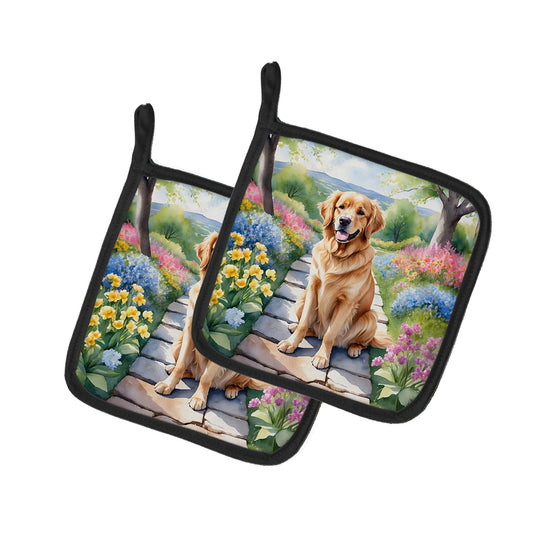 Golden Retriever Spring Path Pair of Pot Holders Kitchen Heat Resistant Pot Holders Sets Oven Hot Pads for Cooking Baking BBQ, 7 1/2 x 7 1/2