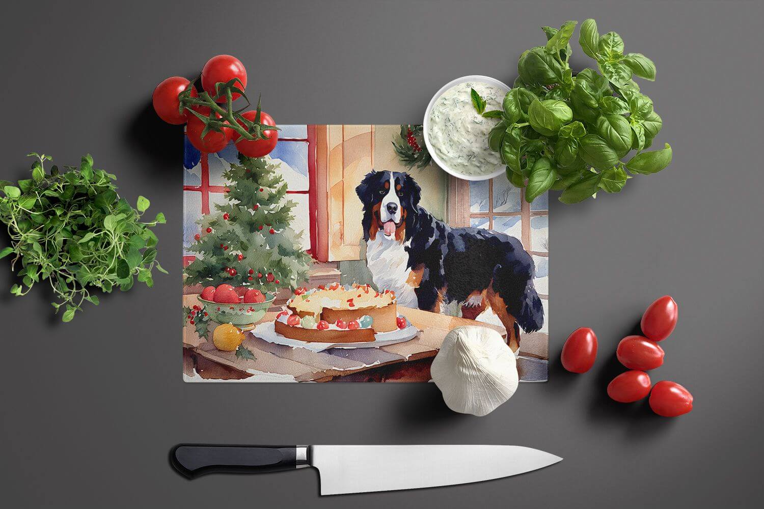 NEW Bernese Mountain Dog Christmas Cookies Glass Cutting Board Decorative Tempered Glass Kitchen Cutting and Serving Board Large Size Chopping Board