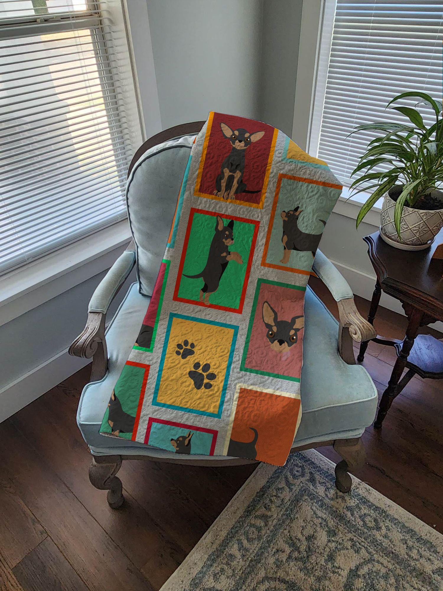 Lots of Black and Tan Chihuahua Quilted Blanket 50x60 Artwork Pattern Quilted Throw Blanket for Bed, Couch, Sofa, Soft and Lightweight