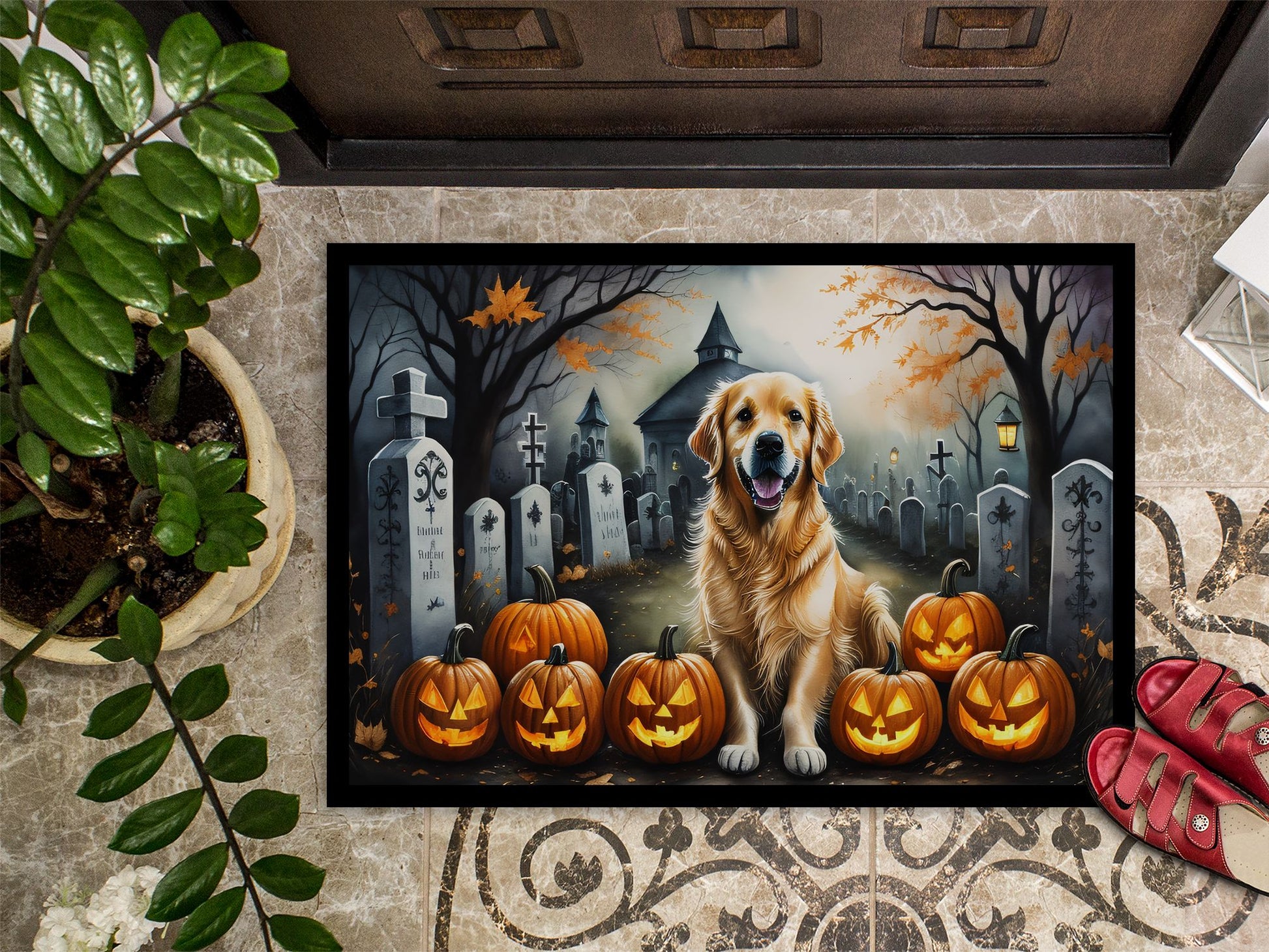 Golden Retriever Spooky Halloween Doormat Front Door Mat Indoor Outdoor Rugs for Entryway, Non Slip Washable Low Pile, 24H X 36W