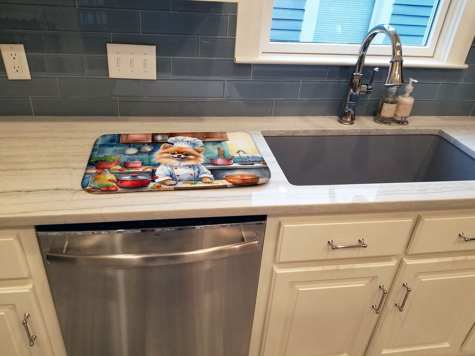 Pomeranian The Chef Dish Drying Mat Absorbent Dish Drying Mat Pad for Kitchen Counter Dish Drainer Mat for Countertop, 14 x 21", Multicolor