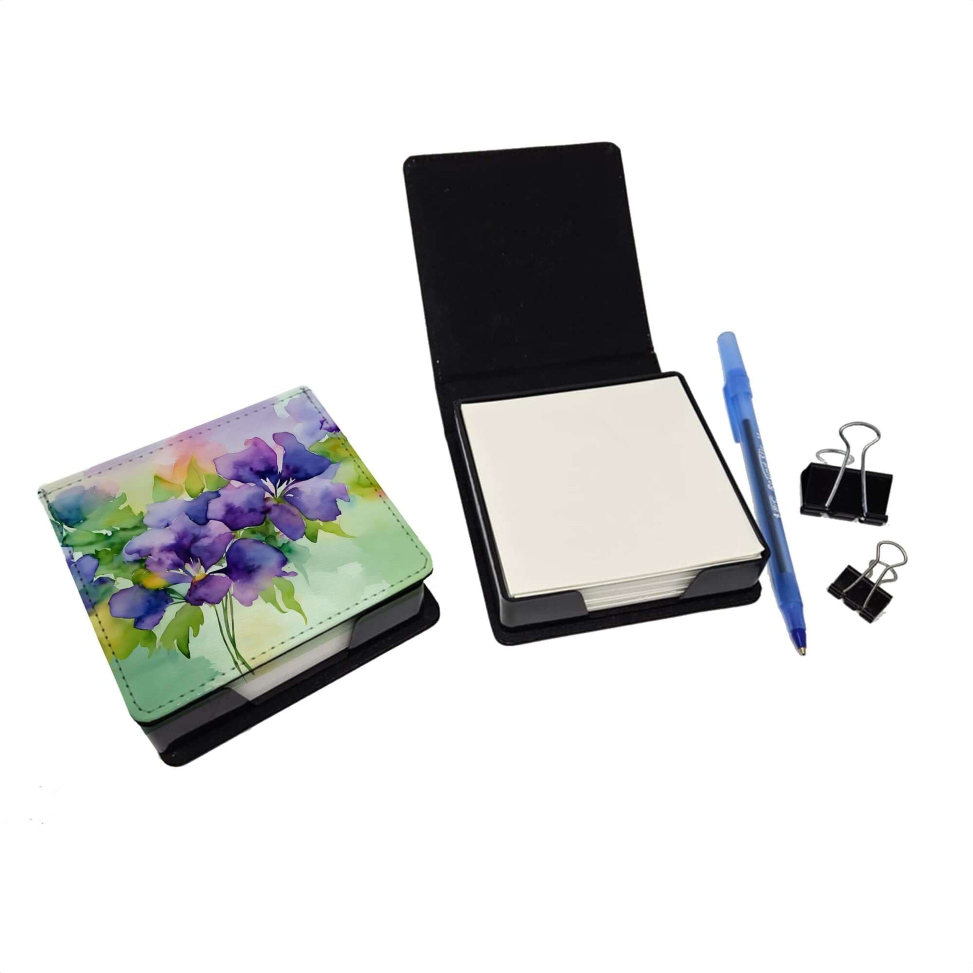 New Jersey Violet in Watercolor PU Leather Note Paper Holder with Artist-Designed Cover, Desk Accessory, Office Gift