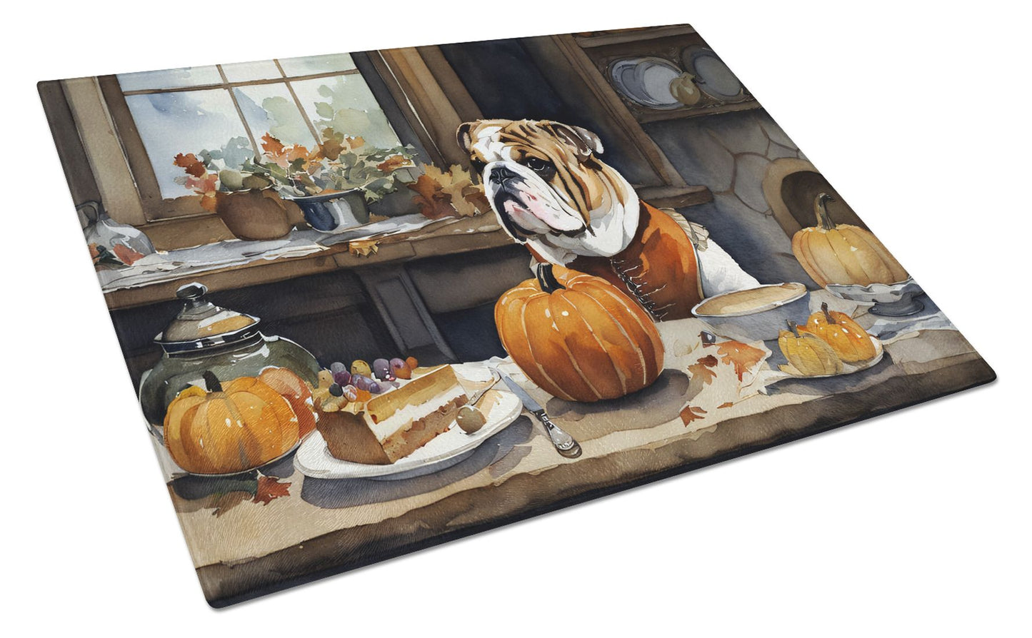 NEW English Bulldog Fall Kitchen Pumpkins Glass Cutting Board Decorative Tempered Glass Kitchen Cutting and Serving Board Large Size Chopping Board