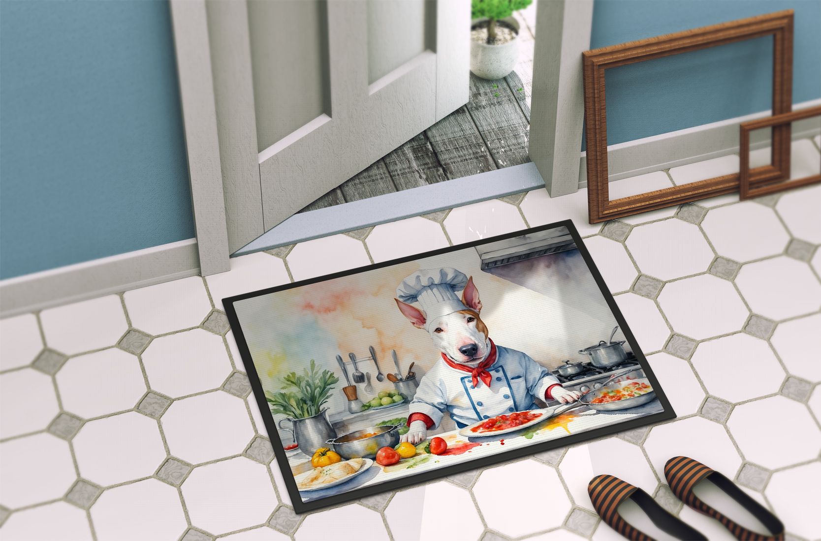 Bull Terrier The Chef Doormat Front Door Mat Indoor Outdoor Rugs for Entryway, Non Slip Washable Low Pile, 24H X 36W