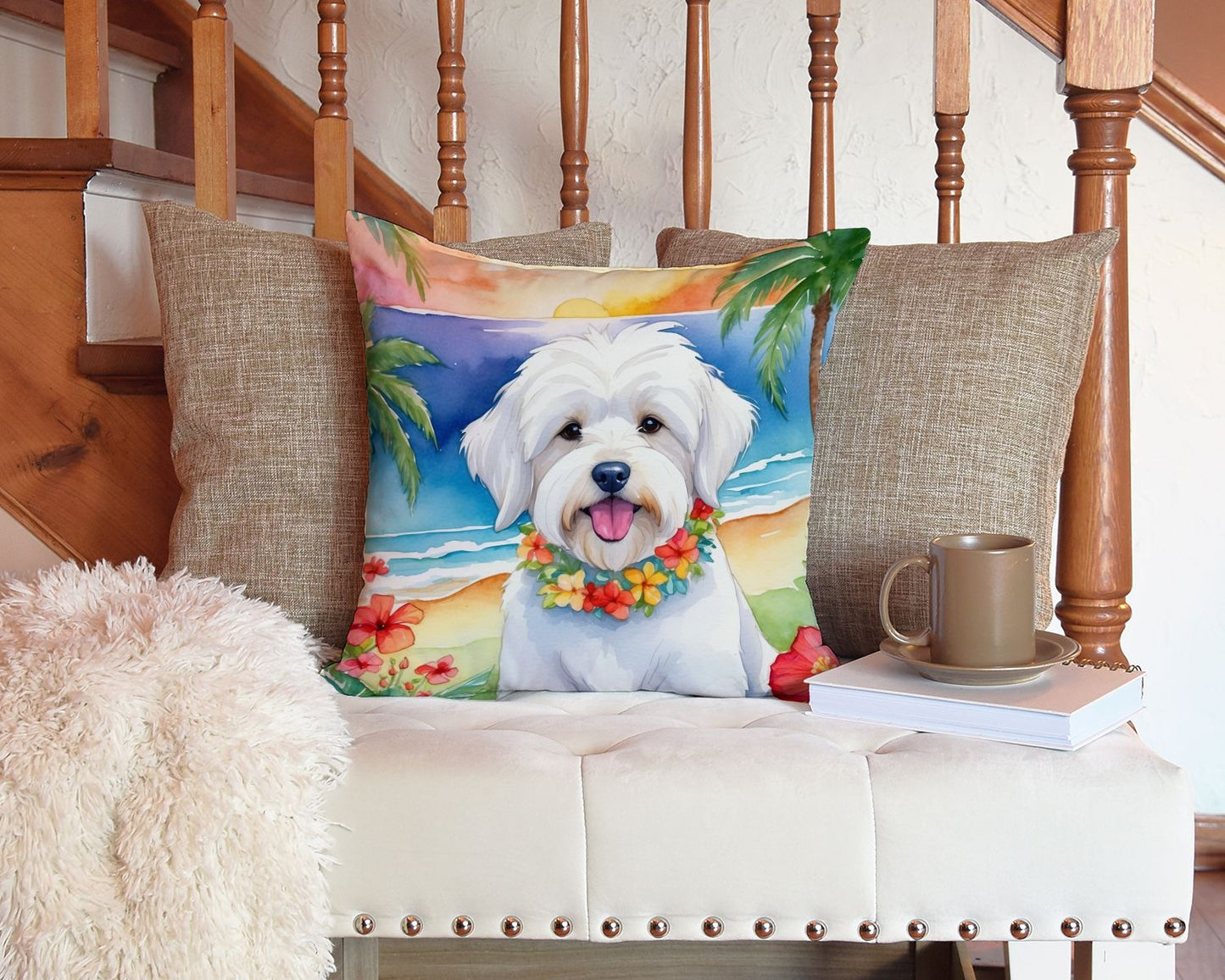 Coton de Tulear Luau Throw Pillow Machine Washable, Indoor Outdoor Decorative Pillow for Couch, Bed or Patio, 14Hx14W