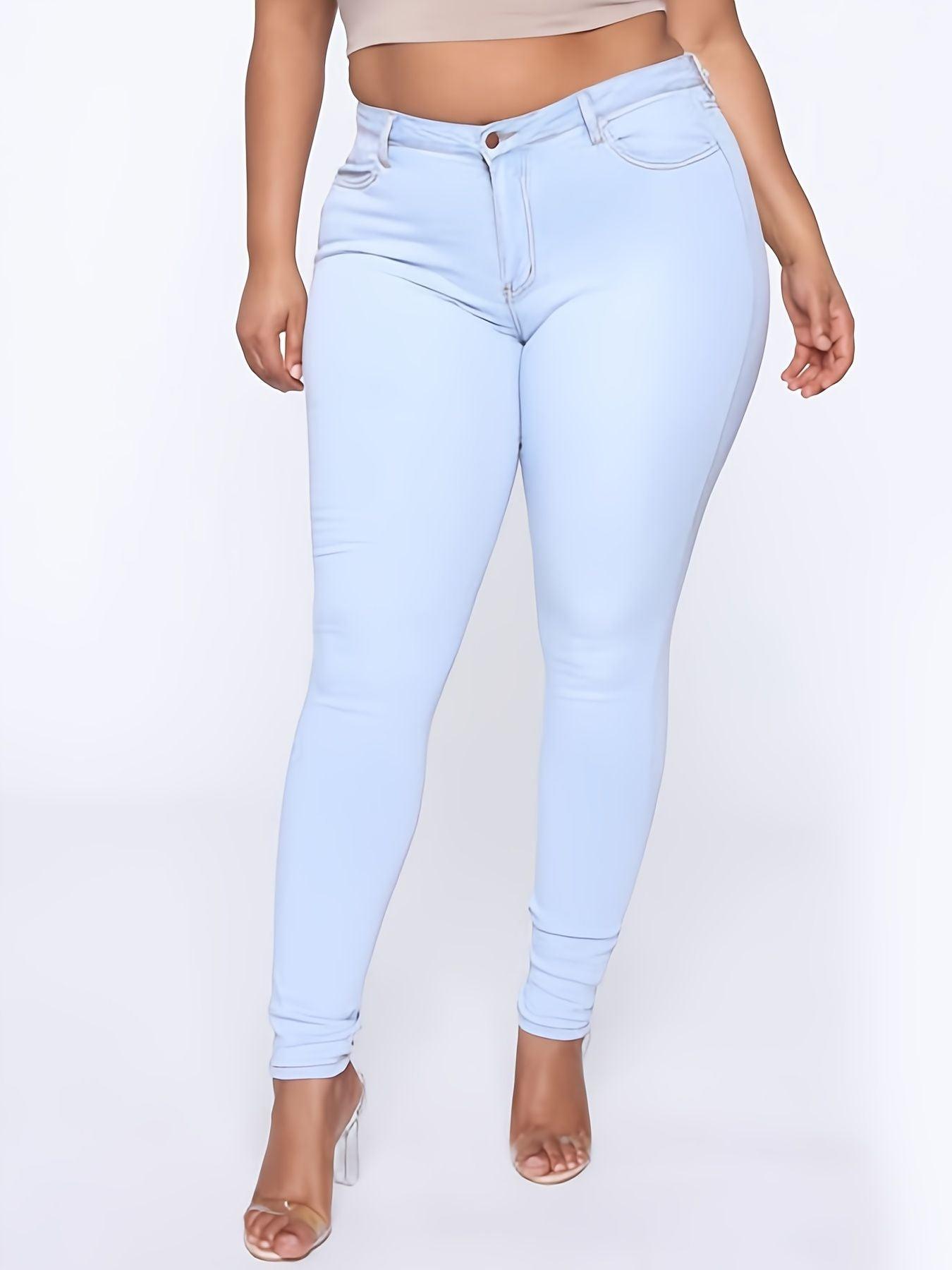 Plus Size High Rise Button Fly Skinny Jeans; Women's Plus Slight Stretch Casual Denim Skinny Pants