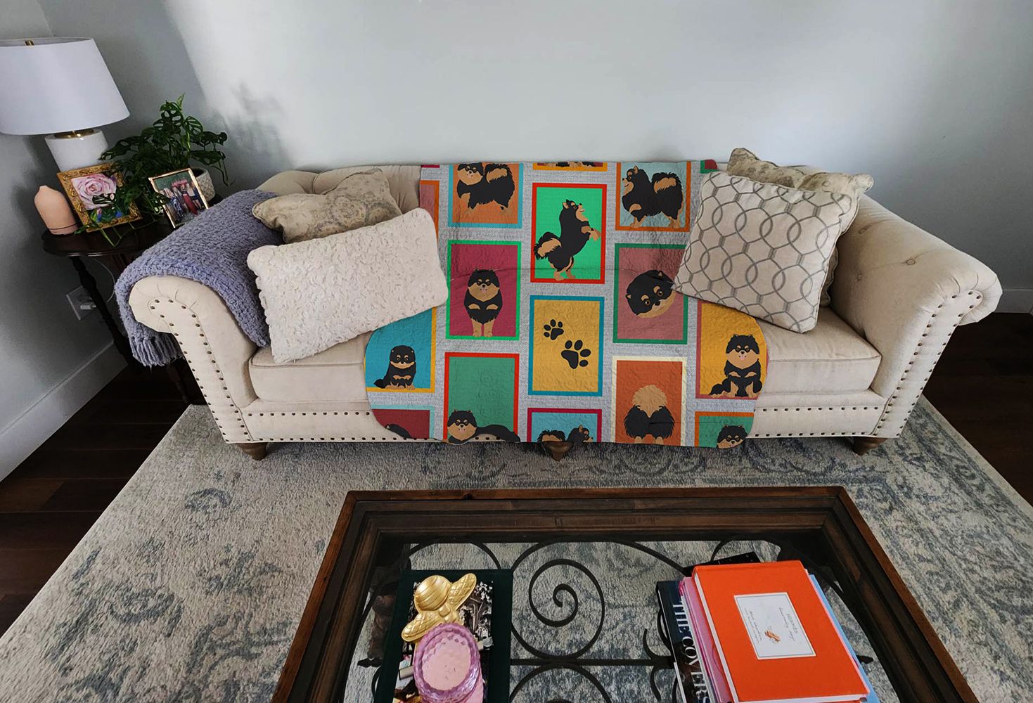 Lots of Black and Tan Pomeranian Quilted Blanket 50x60 Artwork Pattern Quilted Throw Blanket for Bed, Couch, Sofa, Soft and Lightweight