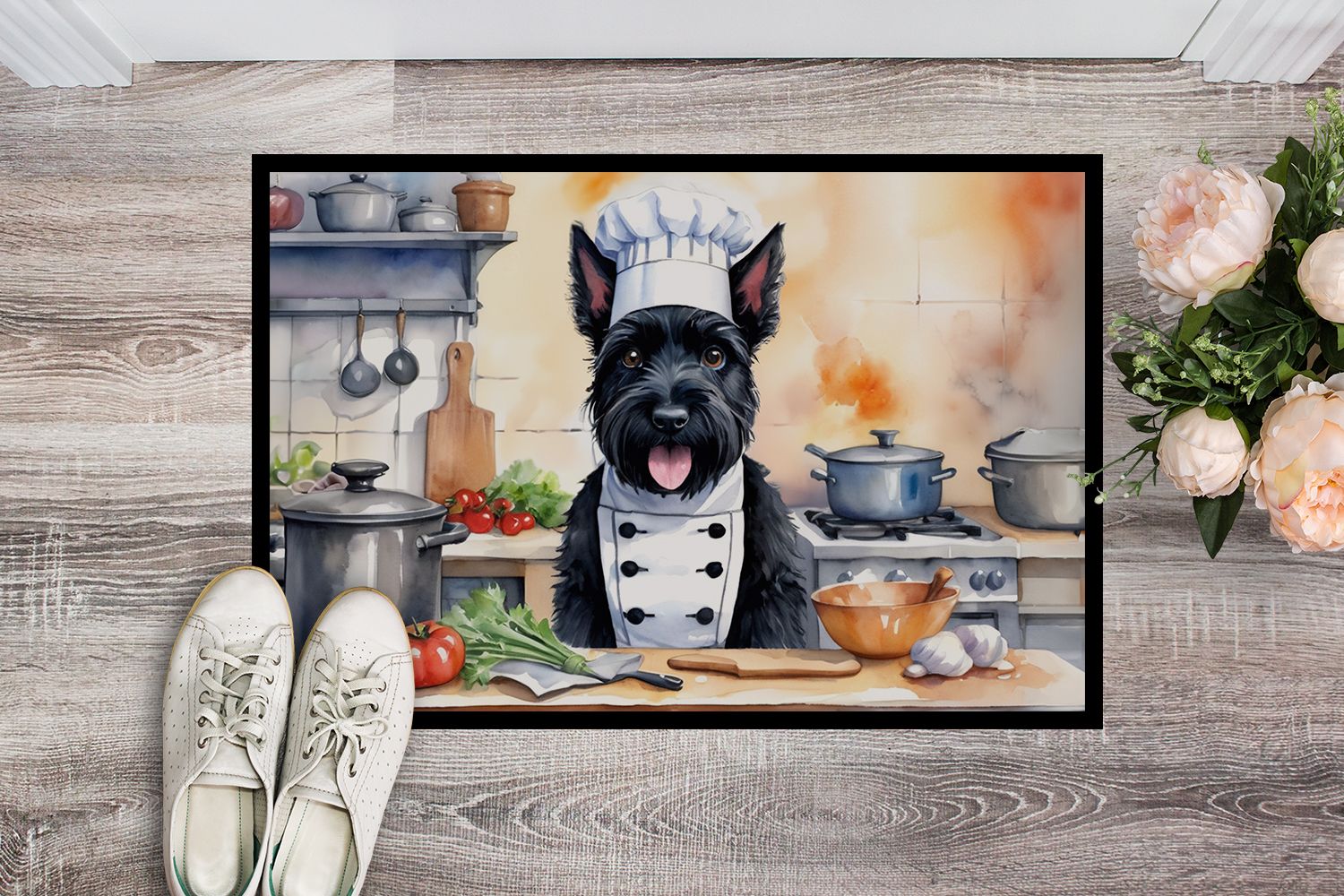 NEW Scottish Terrier The Chef Doormat Front Door Mat Indoor Outdoor Rugs for Entryway, Non Slip Washable Low Pile, 18H X 27W