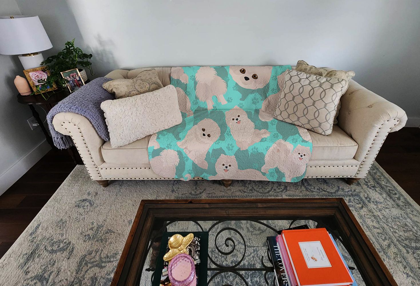 White Pomeranian Quilted Blanket 50x60 Artwork Pattern Quilted Throw Blanket for Bed, Couch, Sofa, Soft and Lightweight