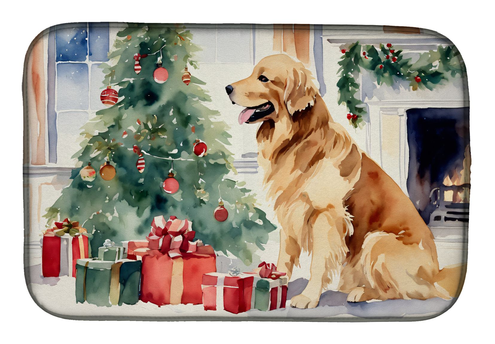 Golden Retriever Cozy Christmas Dish Drying Mat Absorbent Dish Drying Mat Pad for Kitchen Counter Dish Drainer Mat for Countertop, 14 x 21", Multicolor