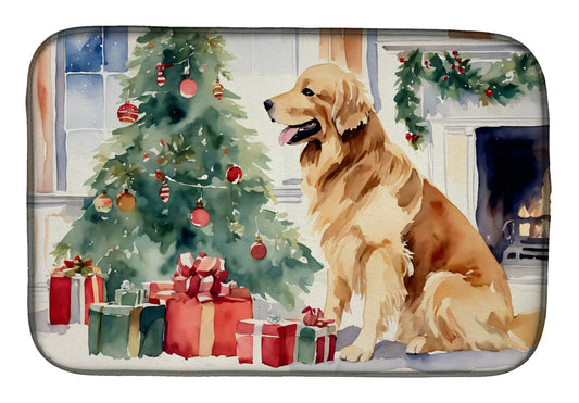Golden Retriever Cozy Christmas Dish Drying Mat Absorbent Dish Drying Mat Pad for Kitchen Counter Dish Drainer Mat for Countertop, 14 x 21", Multicolor