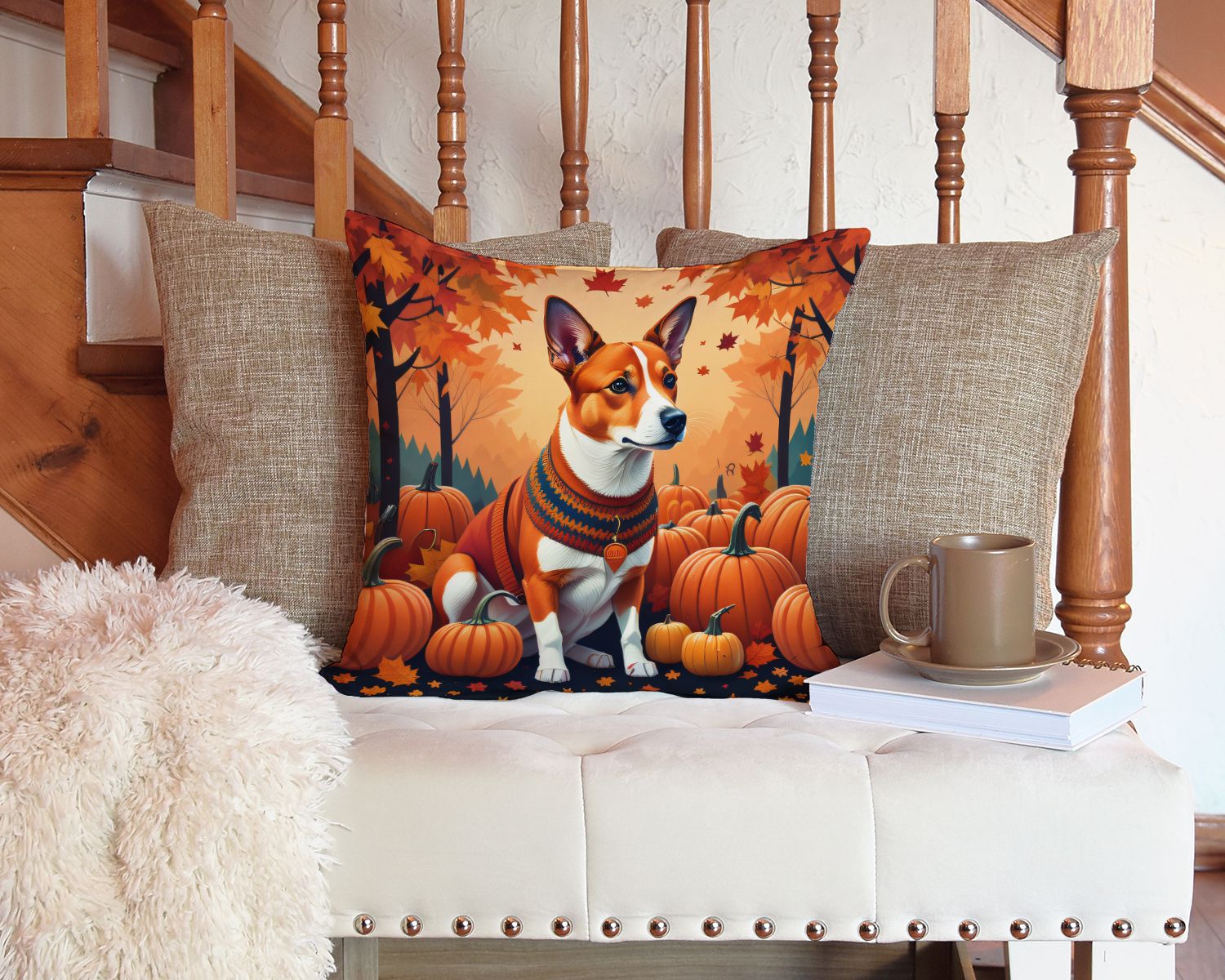 Red Basenji Fall Throw Pillow Machine Washable, Indoor Outdoor Decorative Pillow for Couch, Bed or Patio, 14Hx14W