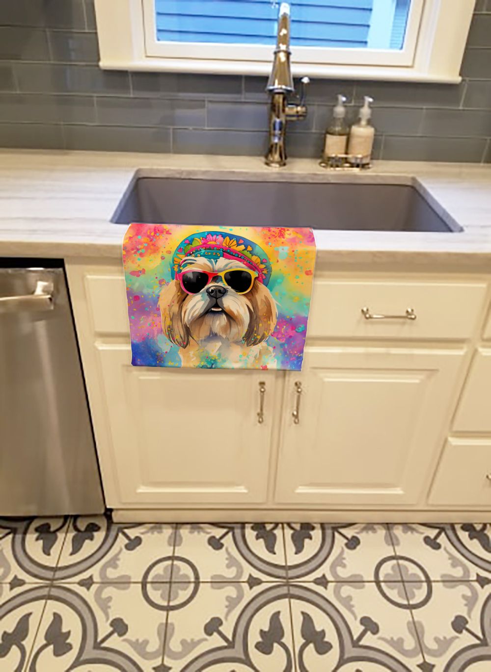 Shih Tzu Hippie Dawg Kitchen Towel Dish Cloths Guest Hand Towel Decorative Bathroom Towel for Face,Tea, Dishcloth, Kitchen and Bath