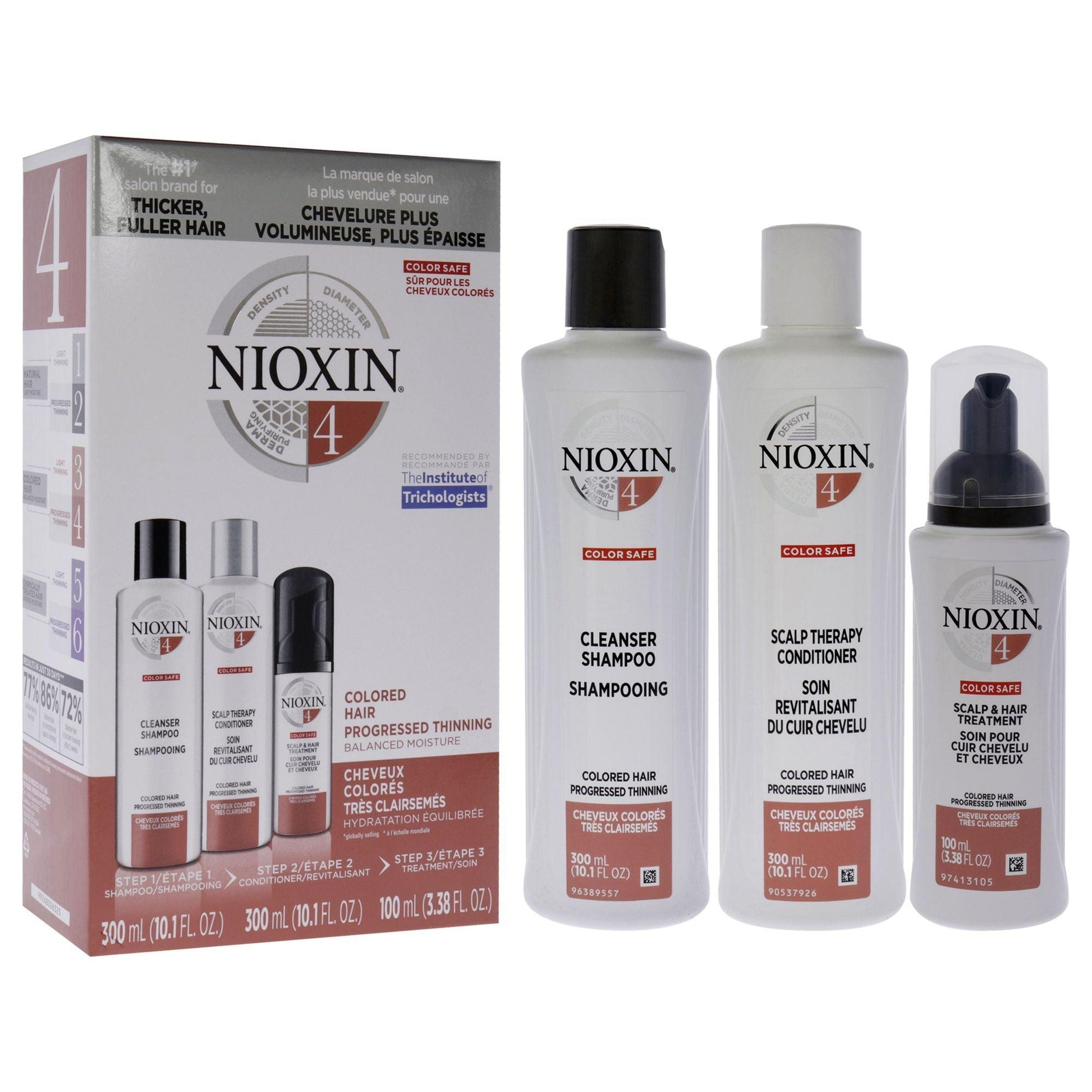 System 4 Kit by Nioxin for Unisex - 3 Pc 10.1oz Color Safe Cleanser Shampoo, 10.1 oz Color Safe Scalp Therapy Conditioner, 1Liter Color Safe Scalp and Hair Treatment