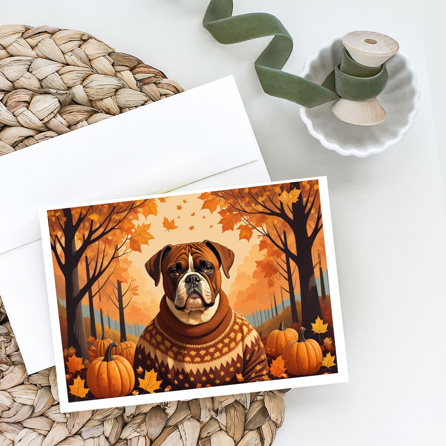 Boxer Fall Greeting Cards Pack of 8 Blank Cards with Envelopes Whimsical A7 Size 5x7 Blank Note Cards