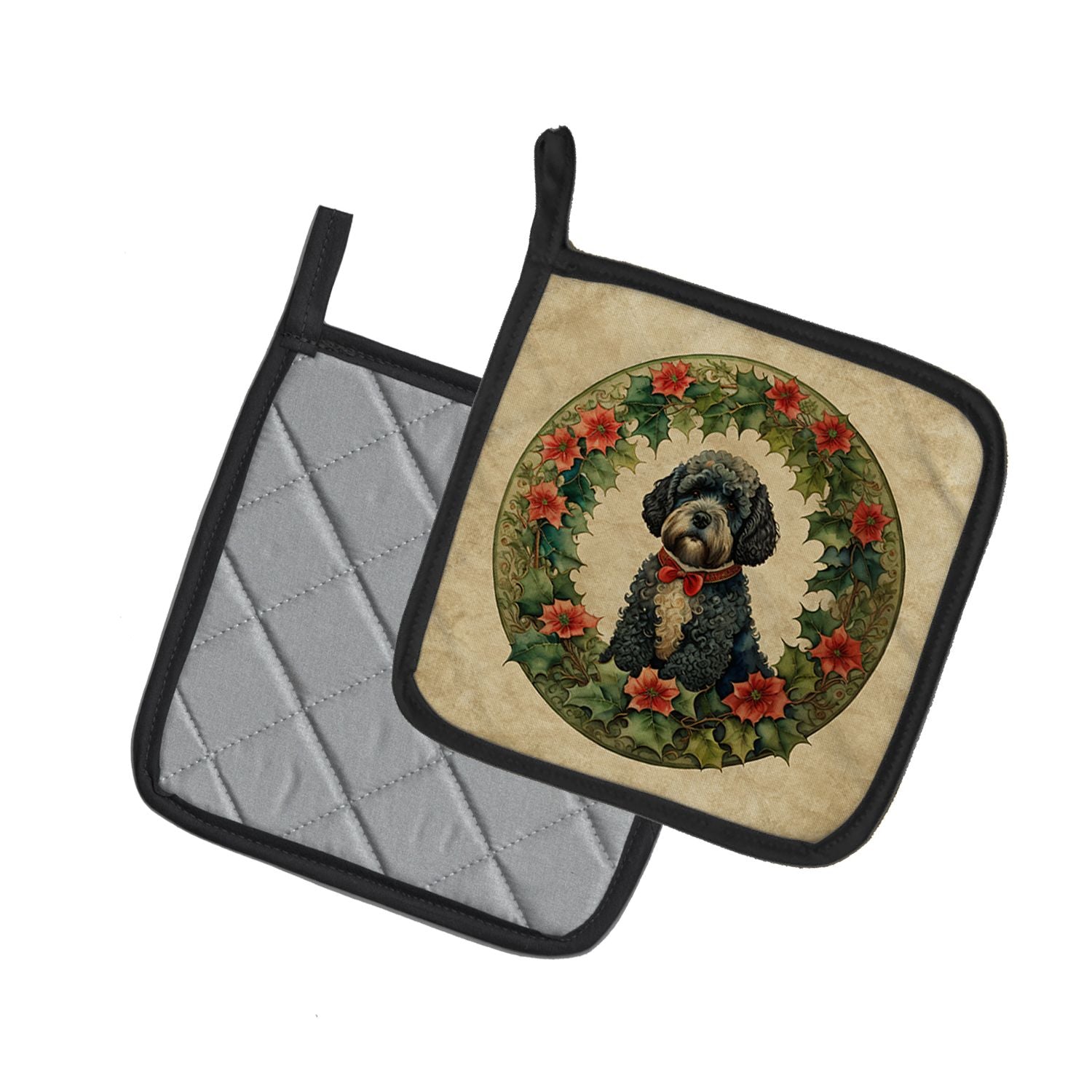Portuguese Water Dog Christmas Flowers Pair of Pot Holders Kitchen Heat Resistant Pot Holders Sets Oven Hot Pads for Cooking Baking BBQ, 7 1/2 x 7 1/2