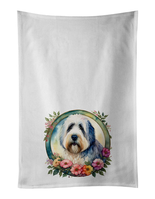 Old English Sheepdog and Flowers Kitchen Towel Set of 2 White Dish Towels Decorative Bathroom Hand towel for Hand, Face, Hair, Yoga, Tea, Dishcloth, 19 X 28", White