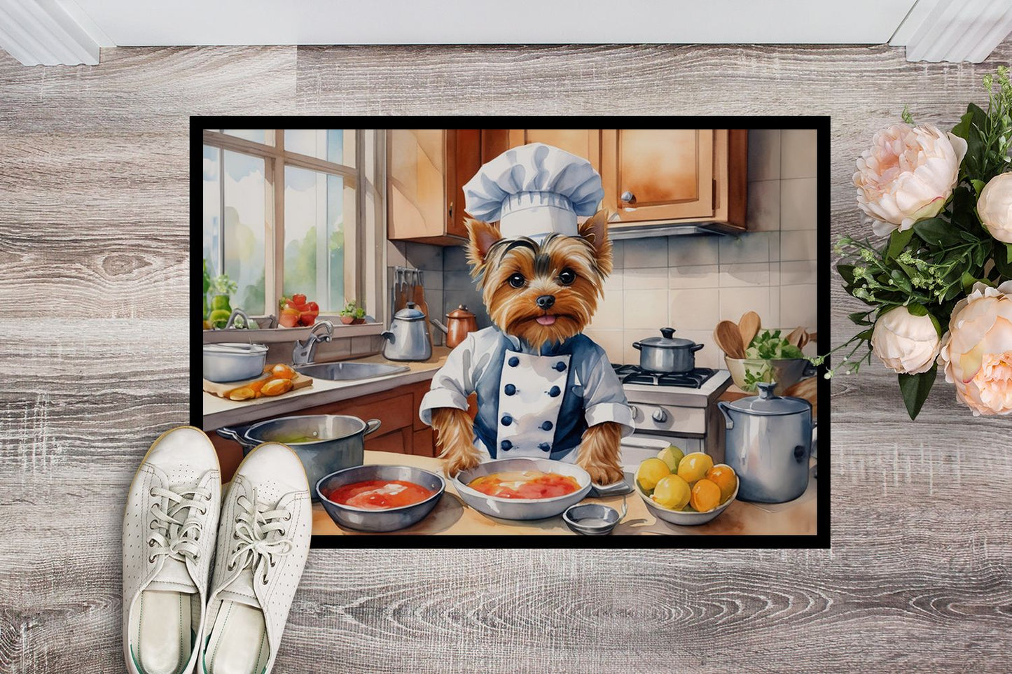 Yorkie Yorkshire Terrier The Chef Doormat Front Door Mat Indoor Outdoor Rugs for Entryway, Non Slip Washable Low Pile, 24H X 36W