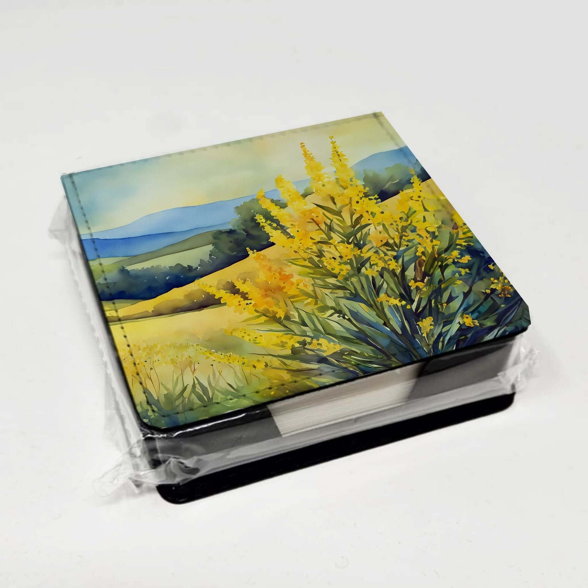 Kentucky Goldenrod in Watercolor PU Leather Note Paper Holder with Artist-Designed Cover, Desk Accessory, Office Gift