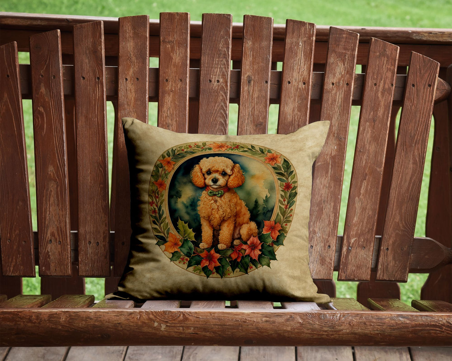 Poodle Christmas Flowers Throw Pillow Machine Washable, Indoor Outdoor Decorative Pillow for Couch, Bed or Patio, 14Hx14W