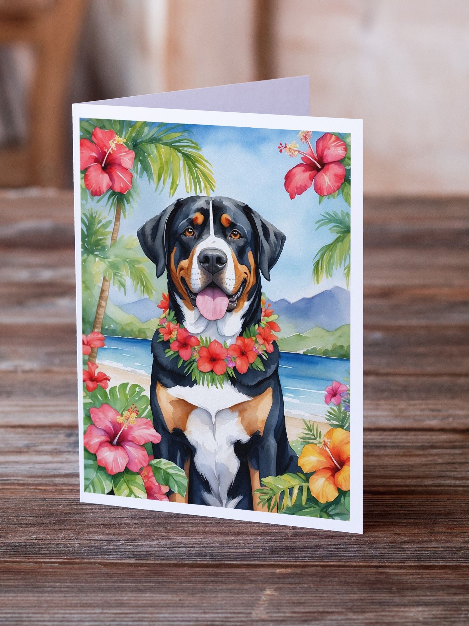 Greater Swiss Mountain Dog Luau Greeting Cards Pack of 8 Blank Cards with Envelopes Whimsical A7 Size 5x7 Blank Note Cards
