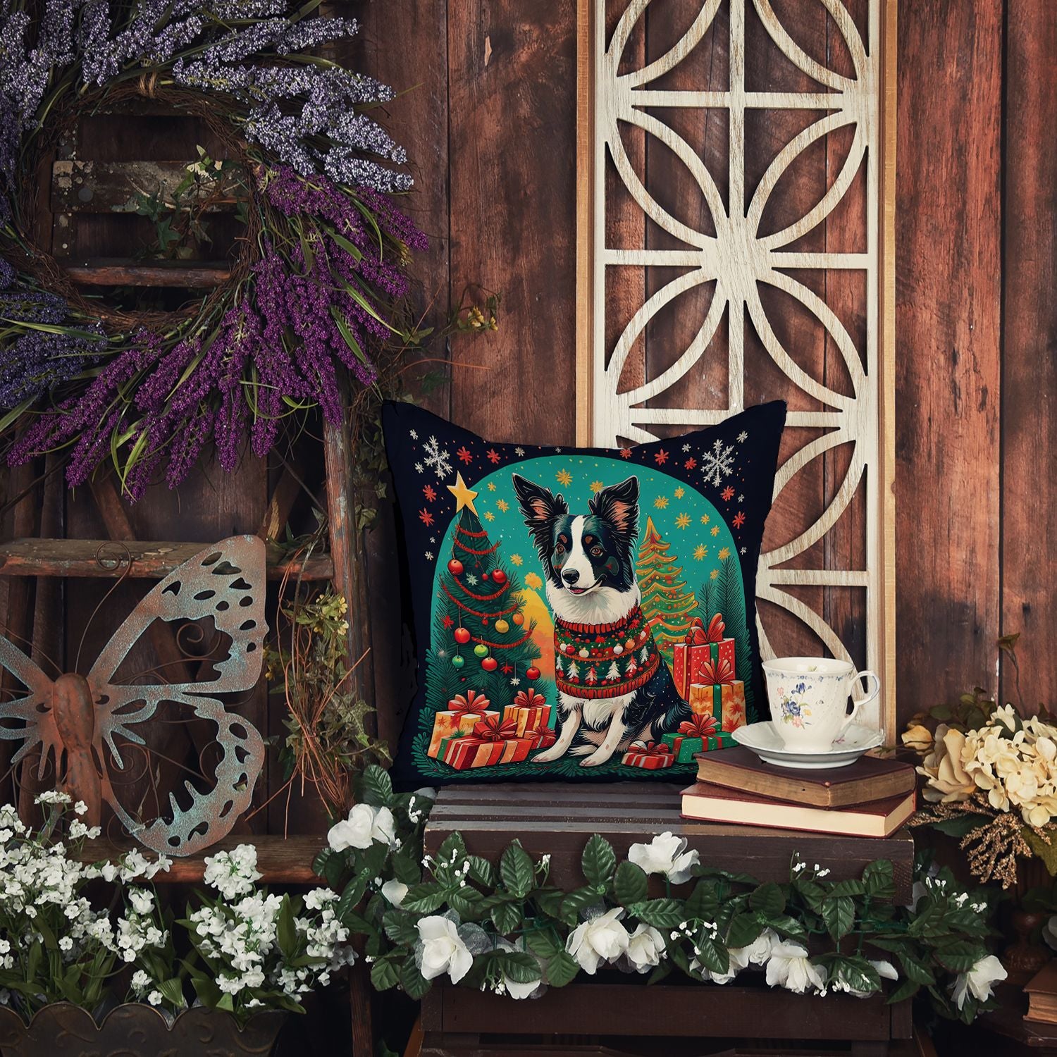 Border Collie Christmas Throw Pillow Machine Washable, Indoor Outdoor Decorative Pillow for Couch, Bed or Patio, 14Hx14W