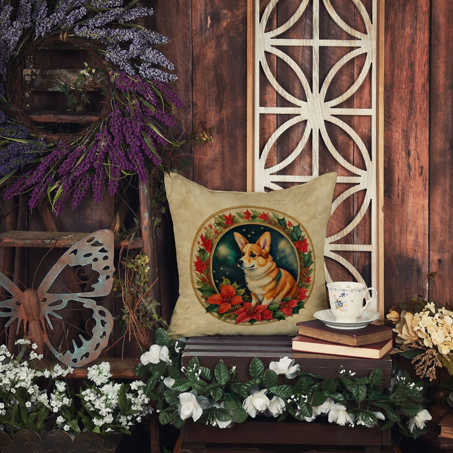 Corgi Christmas Flowers Throw Pillow Machine Washable, Indoor Outdoor Decorative Pillow for Couch, Bed or Patio, 14Hx14W