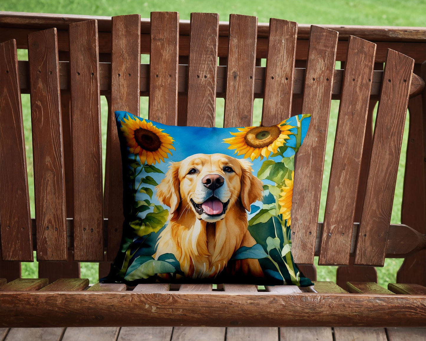 Golden Retriever in Sunflowers Throw Pillow Machine Washable, Indoor Outdoor Decorative Pillow for Couch, Bed or Patio, 14Hx14W