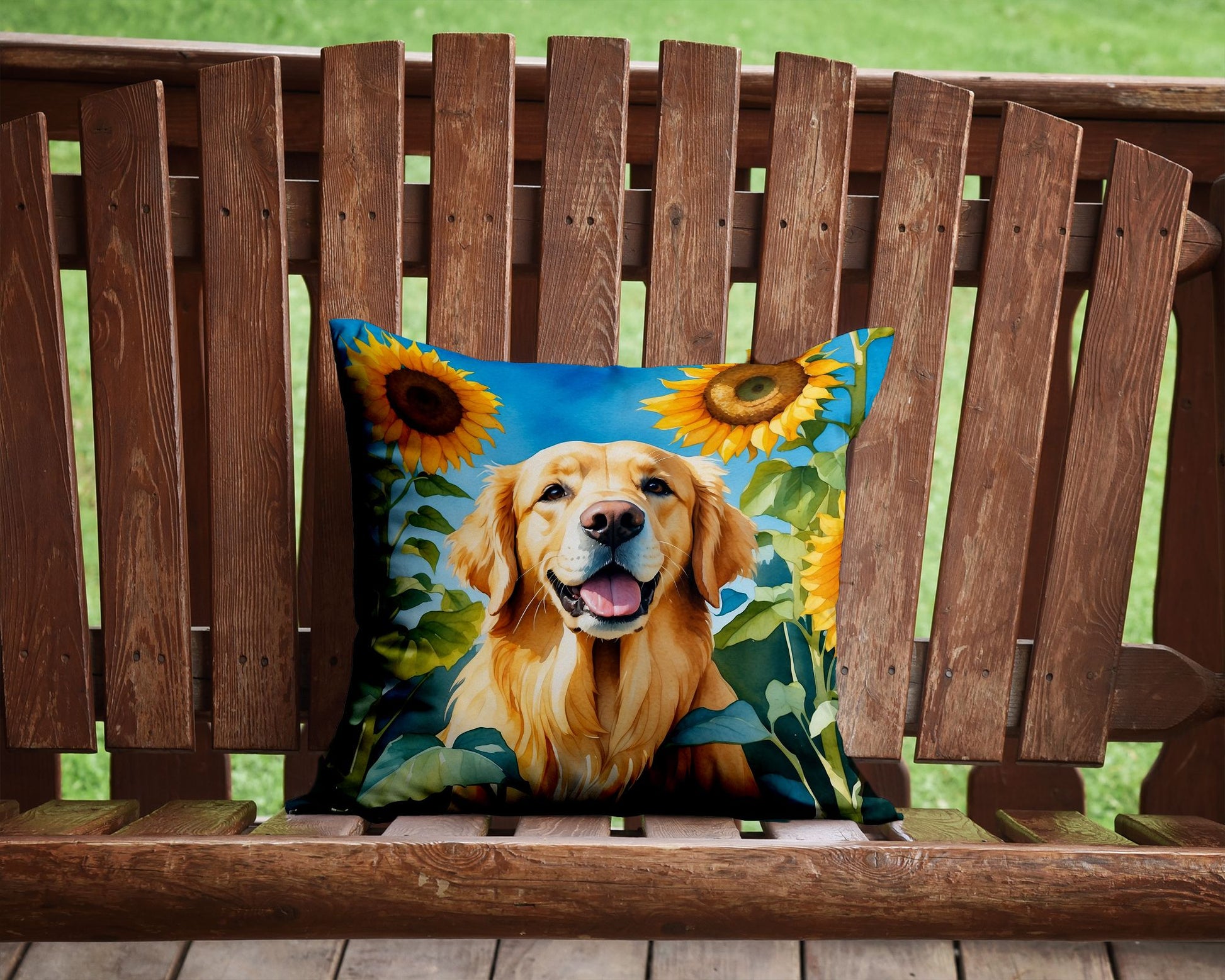 Golden Retriever in Sunflowers Throw Pillow Machine Washable, Indoor Outdoor Decorative Pillow for Couch, Bed or Patio, 14Hx14W