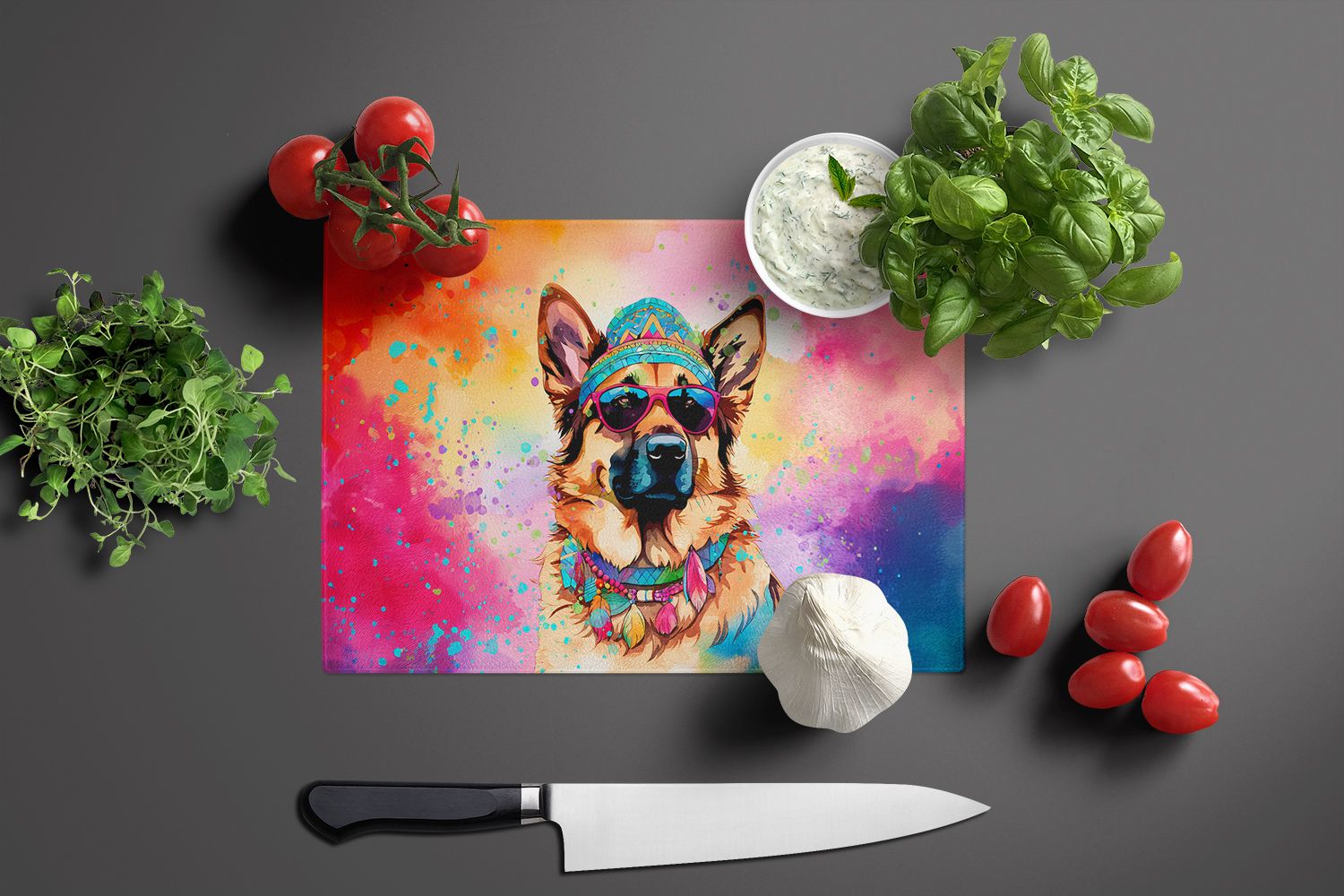 NEW German Shepherd Hippie Dawg Glass Cutting Board Decorative Tempered Glass Kitchen Cutting and Serving Board Large Size Chopping Board