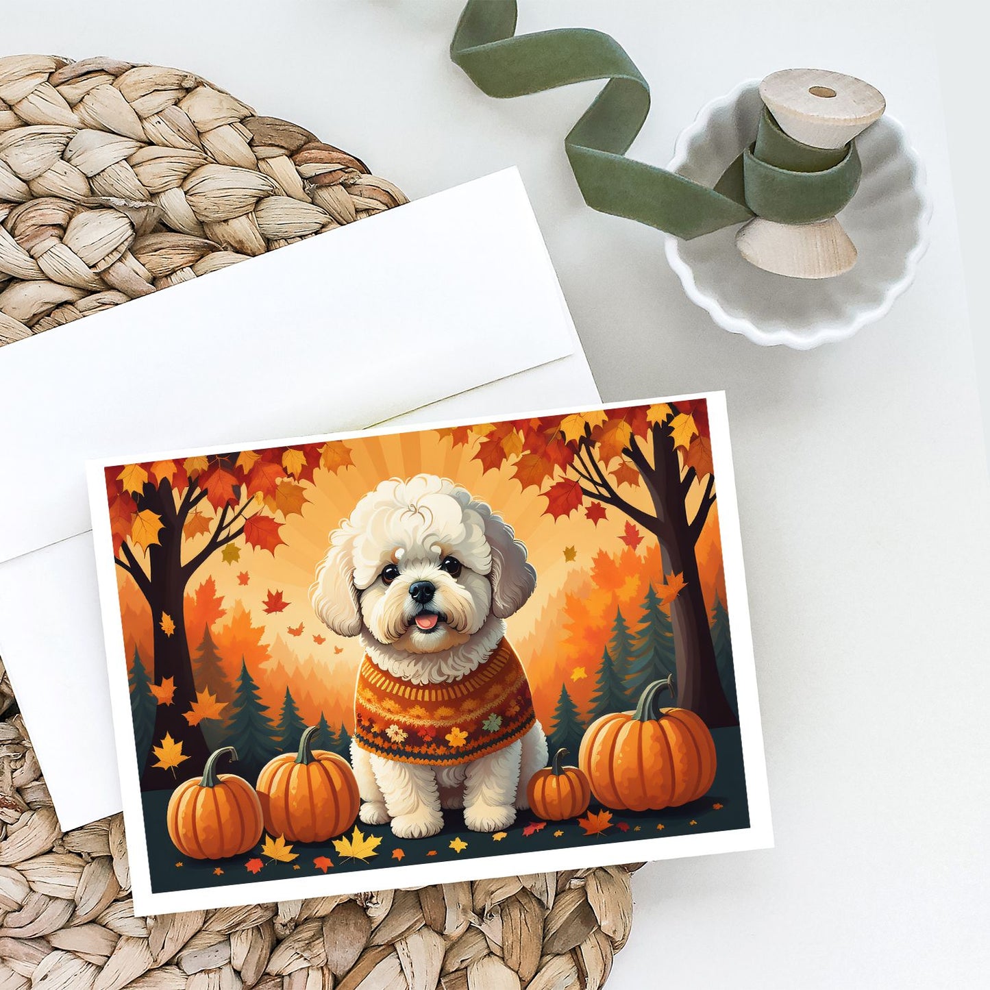 Bichon Frise Fall Greeting Cards Pack of 8 Blank Cards with Envelopes Whimsical A7 Size 5x7 Blank Note Cards