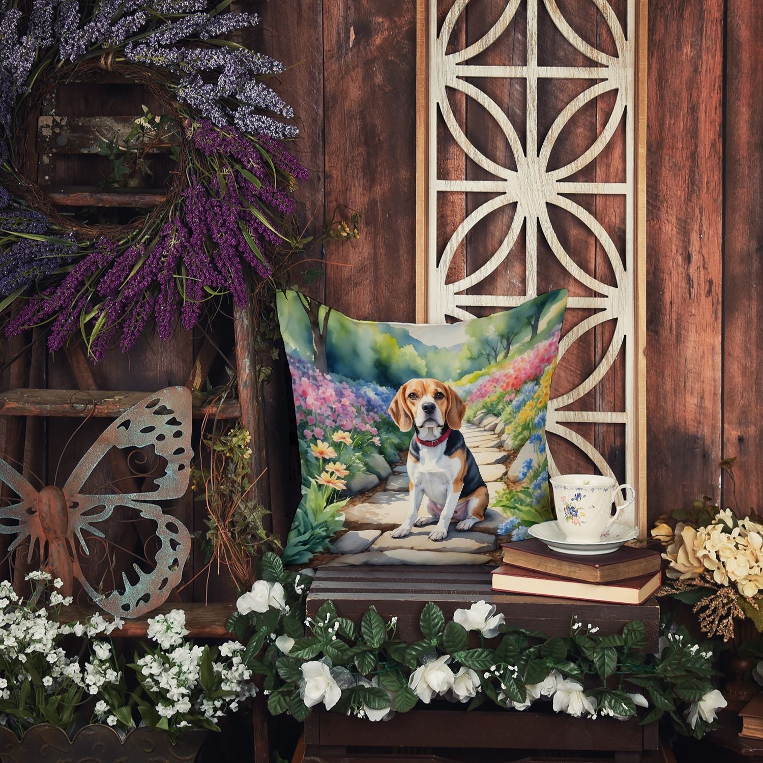 Beagle Spring Garden Throw Pillow Machine Washable, Indoor Outdoor Decorative Pillow for Couch, Bed or Patio, 14Hx14W