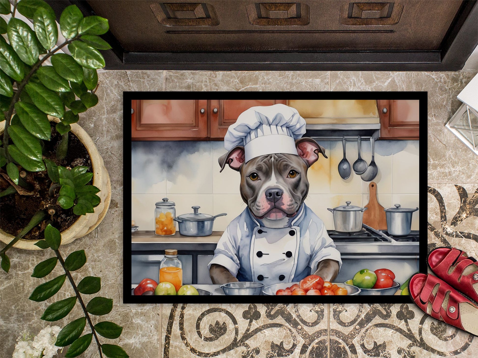 Pit Bull Terrier The Chef Doormat Front Door Mat Indoor Outdoor Rugs for Entryway, Non Slip Washable Low Pile, 24H X 36W