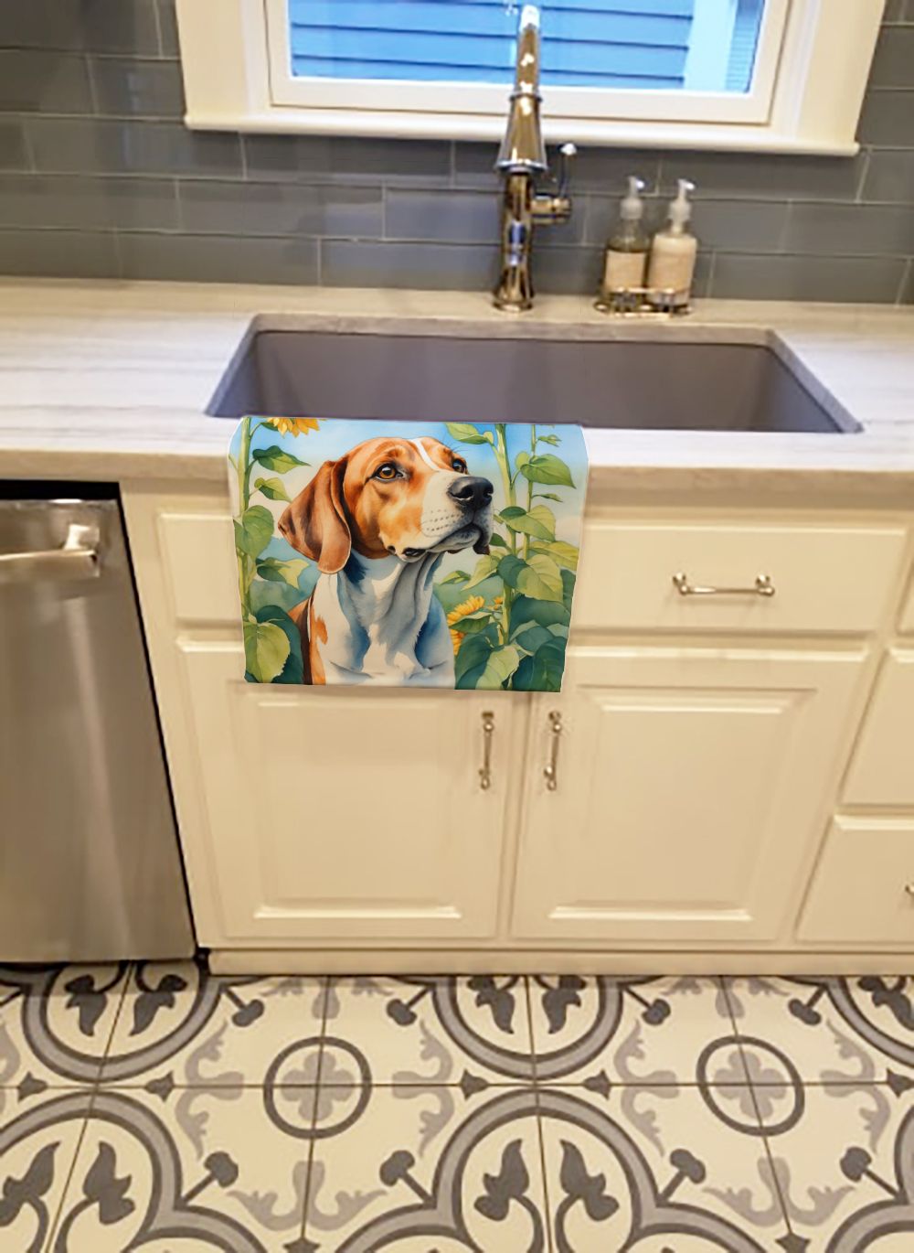 English Foxhound in Sunflowers Kitchen Towel Dish Cloths Guest Hand Towel Decorative Bathroom Towel for Face,Tea, Dishcloth, Kitchen and Bath