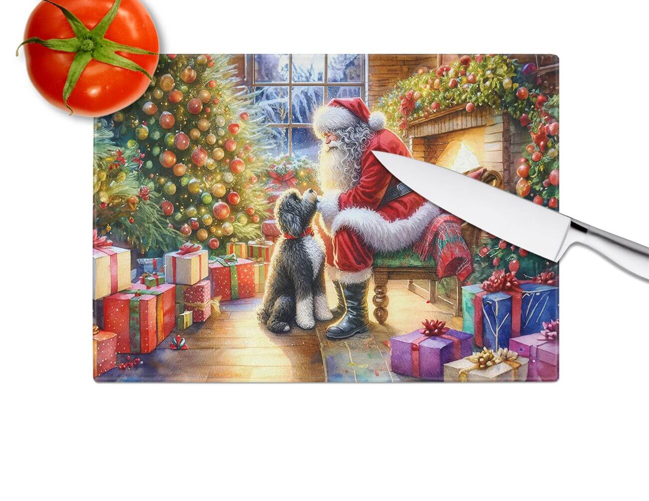 NEW Portuguese Water Dog and Santa Claus Glass Cutting Board Decorative Tempered Glass Kitchen Cutting and Serving Board Large Size Chopping Board