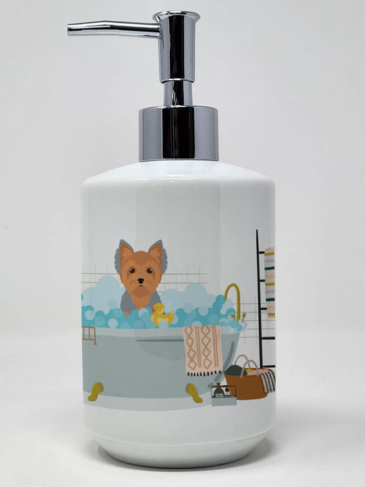 Blue and Tan Puppy Cut Yorkshire Terrier Ceramic Soap Dispenser Hand Soap Dispenser Pump Bottles for Bathroom Kitchen, Empty Refillable Liquid Soap Container
