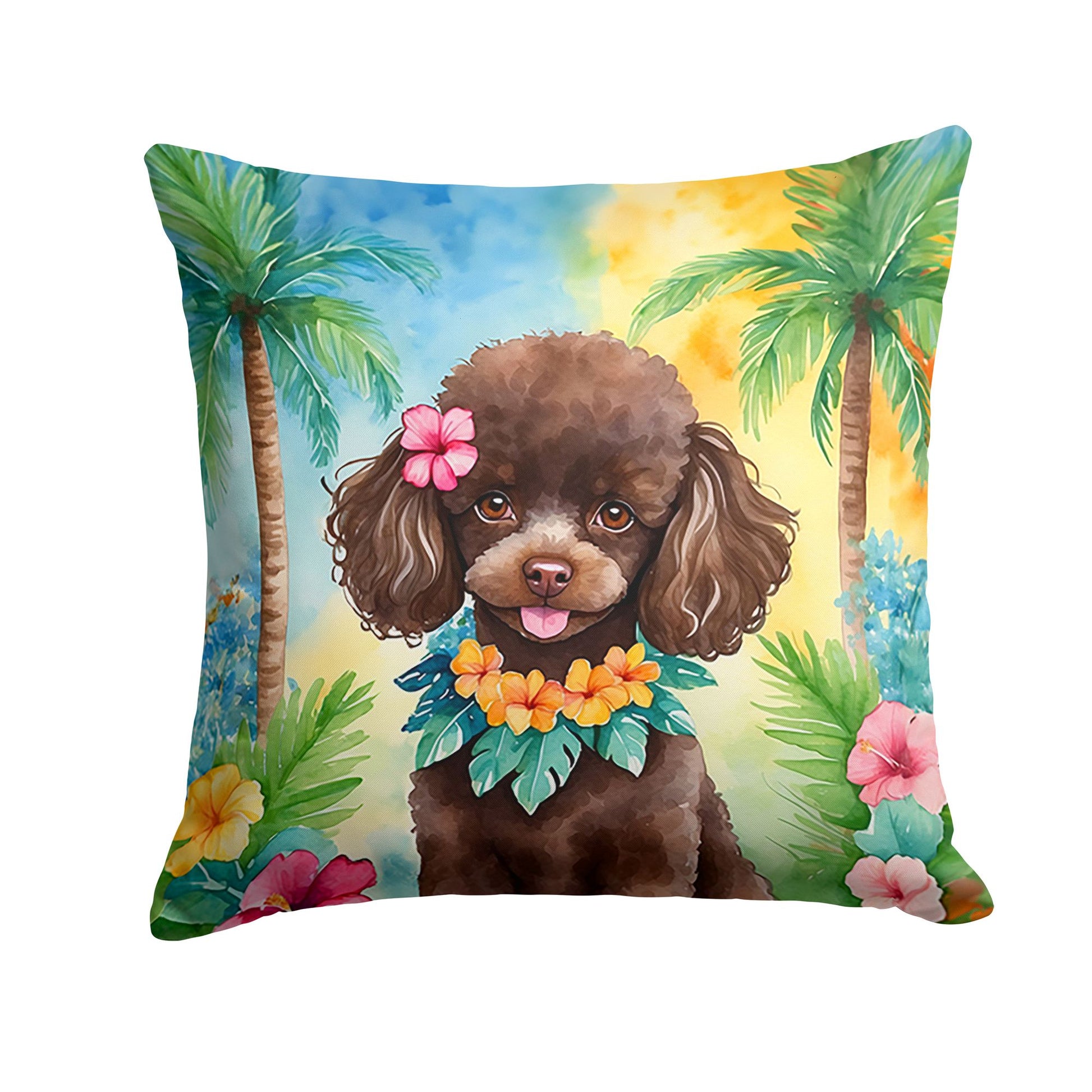 Chocolate Poodle Luau Throw Pillow Machine Washable, Indoor Outdoor Decorative Pillow for Couch, Bed or Patio, 14Hx14W