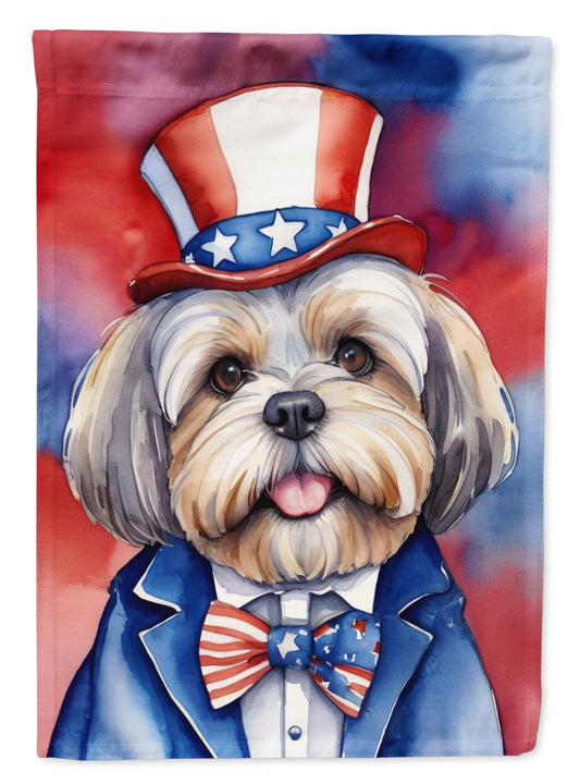 Lhasa Apso Patriotic American House Flag Large Porch Sleeve Pole Decorative Outside Yard Banner Artwork Wall Hanging, Polyester, House Size, Multicolor