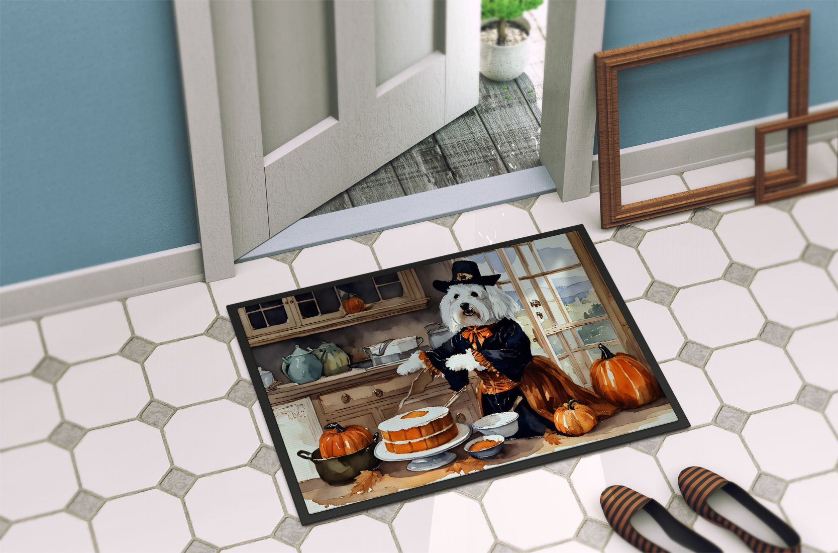 Coton De Tulear Fall Kitchen Pumpkins Doormat Front Door Mat Indoor Outdoor Rugs for Entryway, Non Slip Washable Low Pile, 24H X 36W